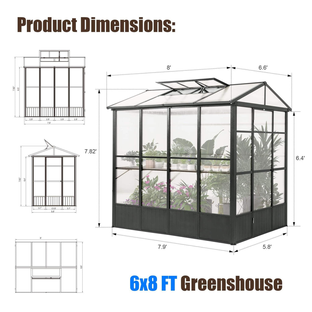 [06X08FT] Heavy-Duty Outdoor Polycarbonate Greenhouse With Fully Automatic Temperature Control Vent (SAK51892)