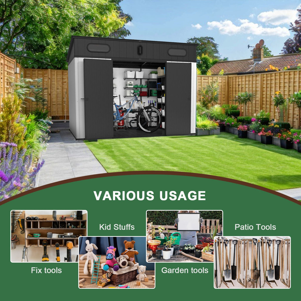 [07X10FT] Alora Heavy-Duty Weather-Resistant Polypropylene Storage Shed With Floor And Reinforced Steel Frame (SAK67455)