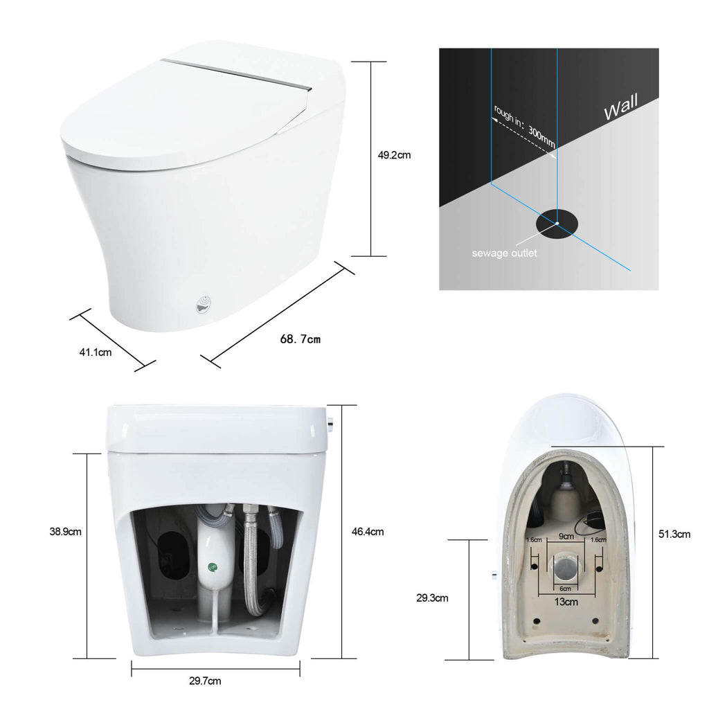 Nuvia 1/1.28 GPF Smart Compact Dual Flush Tankless Toilet Bidet Combo With Self-Cleaning Nozzle And Foot Sensor Flush (SAK58021)