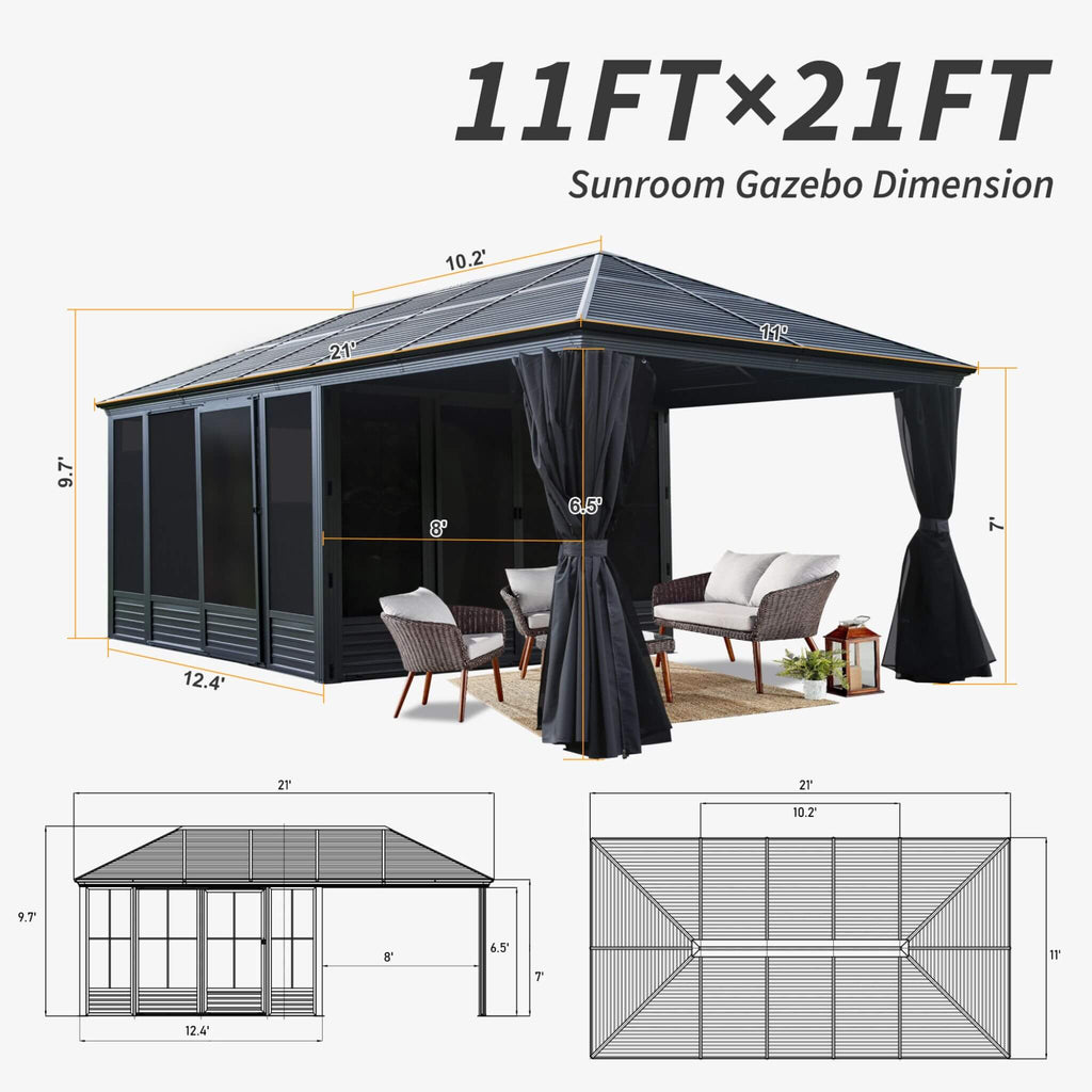 [11X21FT] Alora Outdoor All-Season Solarium Sunroom Gazebo With Galvanized Steel Roof (SAK42018)