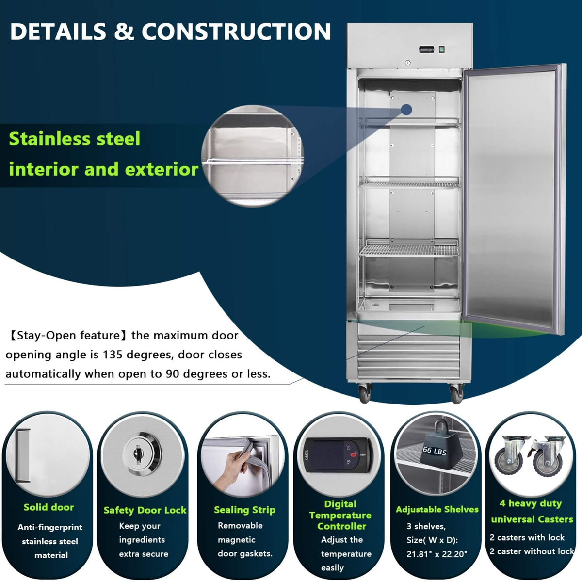 Heavy-Duty 27-Inch 8.7 Cu.Ft Commercial Upright Stainless Steel Reach-In Freezer (SAK43815)