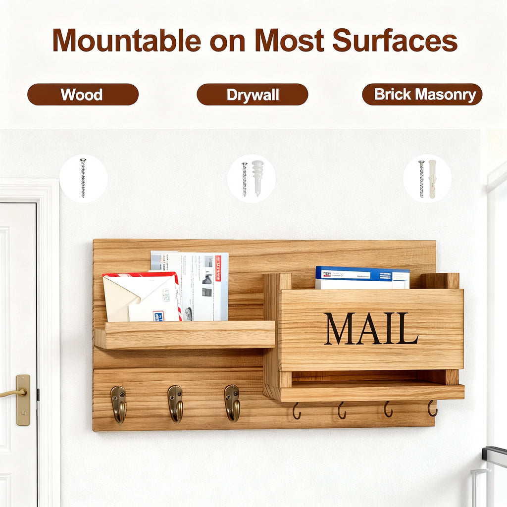 Vintage Wood Wall Organizer – Key Holder, Mail Rack & Coat Hooks