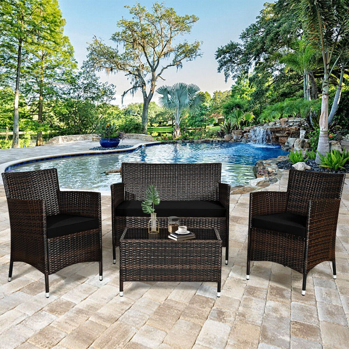 Alora 4-Piece Outdoor Rattan Patio Furniture Set With Cushions & Coffee Table (SAK75463)