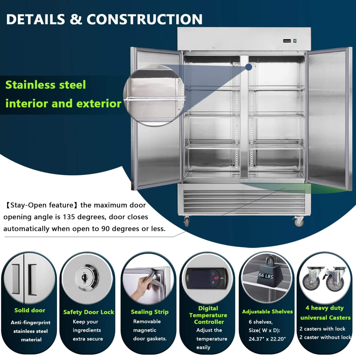 54-Inch 42.2 Cu.Ft Commercial Stainless Steel 2-Section Upright Reach-In Freezer (SAK35148)