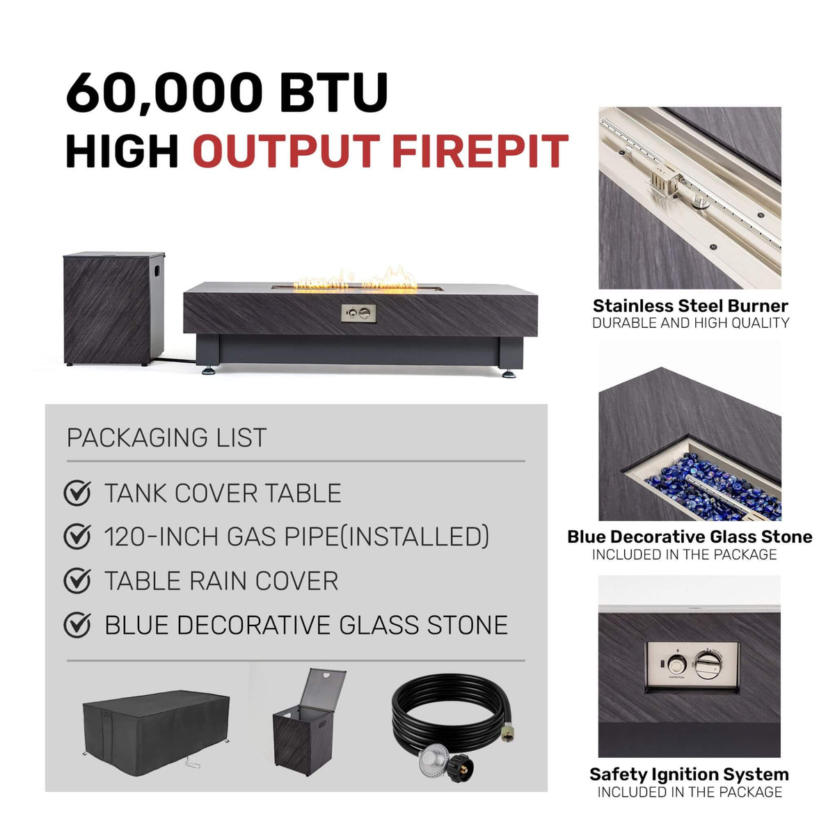 Alora Premium 60-Inch Rectangular Outdoor Modern Propane Fire Pit Table With Rain Cover (SAK91273)