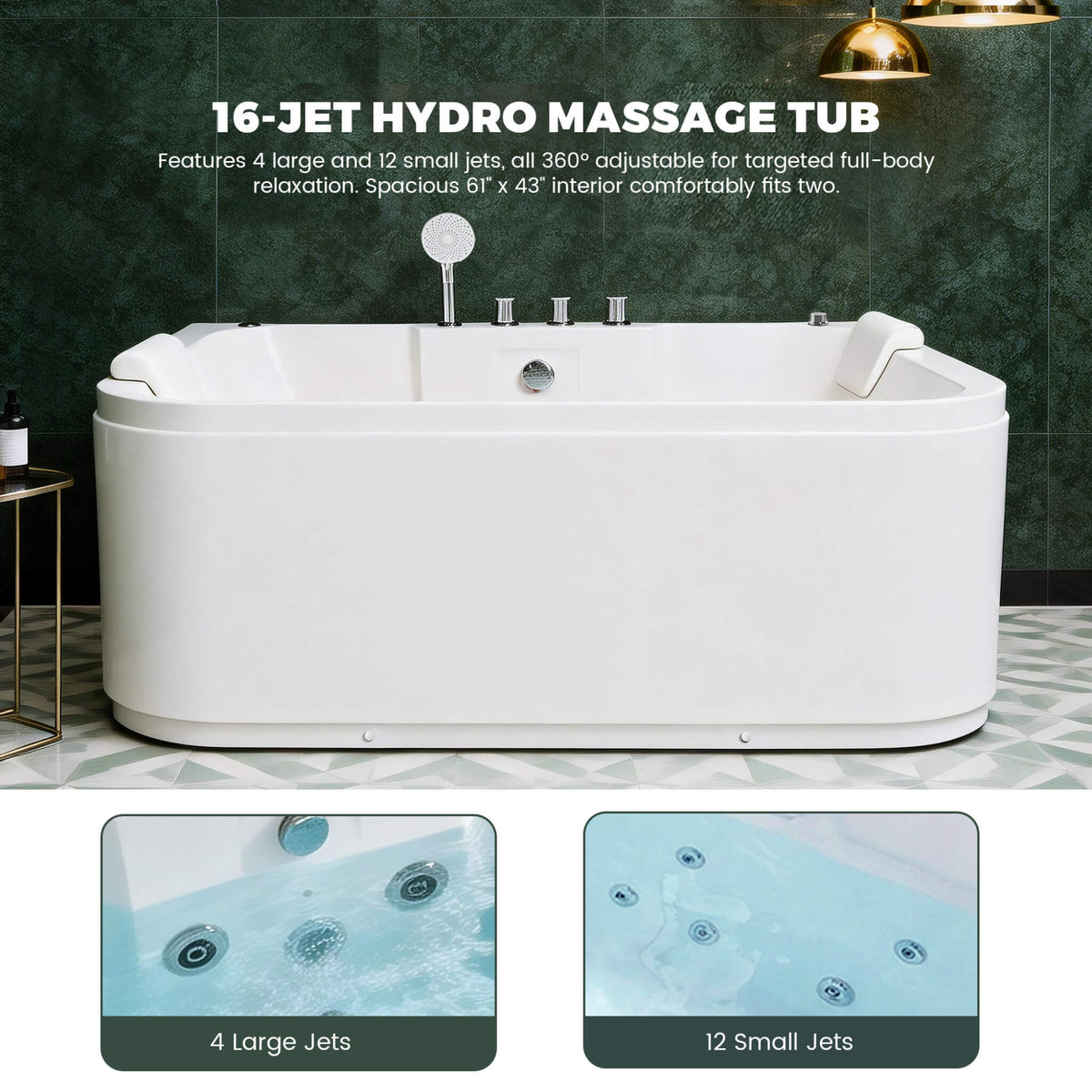 Nuvia Lagoona 61-Inch 2-Person Acrylic Whirlpool Massage Bathtub With 16 Water Jets And LED Lights (SAK15780)