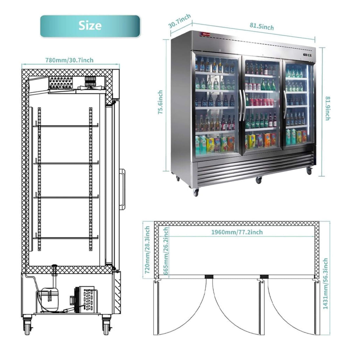 82-Inch Commercial Stainless Steel Upright Display 3 Section Merchandiser Refrigerator (SAK15724)