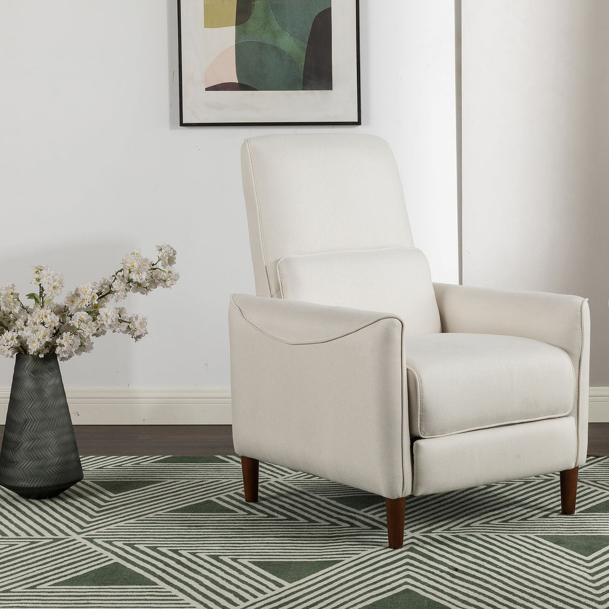 Upholstered Push Recliner Chair With Rubber Wood Legs For Living Room