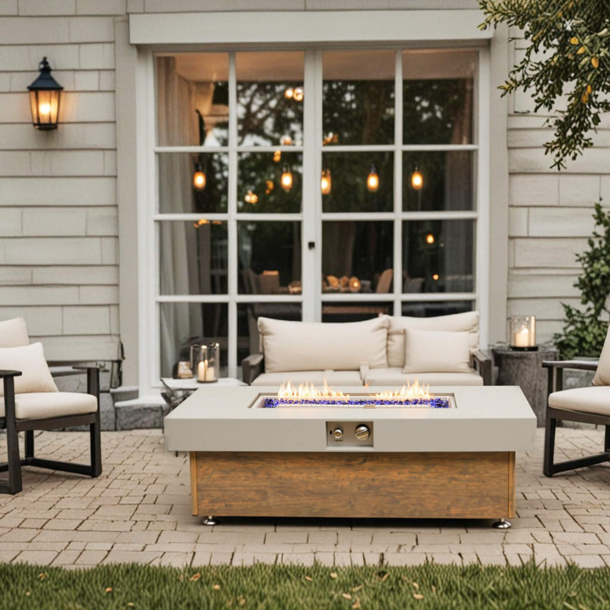 Alora Luxury 48-Inch Outdoor Wood Grain Iron Fire Pit Table With Lava Rocks (SAK37905)