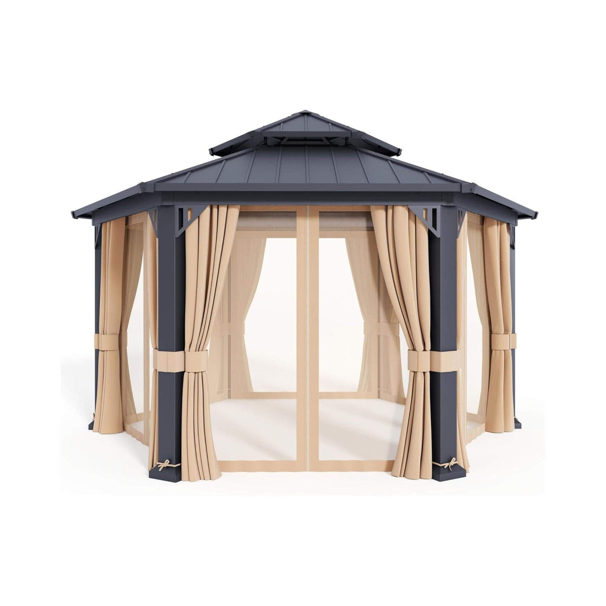 [13X15FT] Alora Double-Tier Hexagonal Metal Hardtop Patio Gazebo With Curtains (SAK84137)