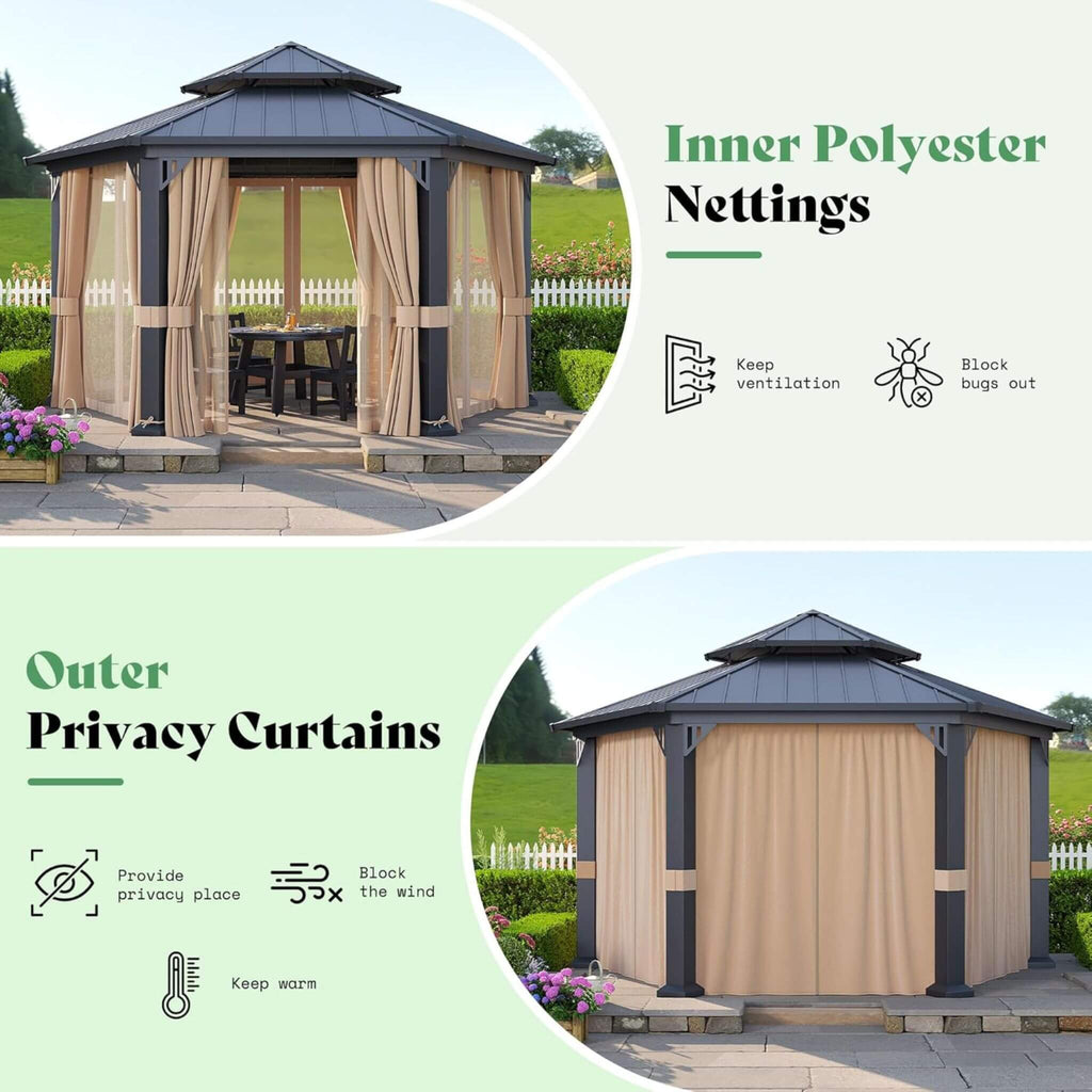 [13X15FT] Alora Double-Tier Hexagonal Metal Hardtop Patio Gazebo With Curtains (SAK84137)