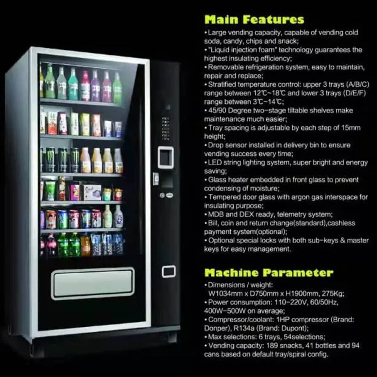 Epx Large 6FT Snacks And Drinks Combo Vending Machine With Dual Zone Refrigeration And Bill Acceptor [EP-G654] (SAK47539)