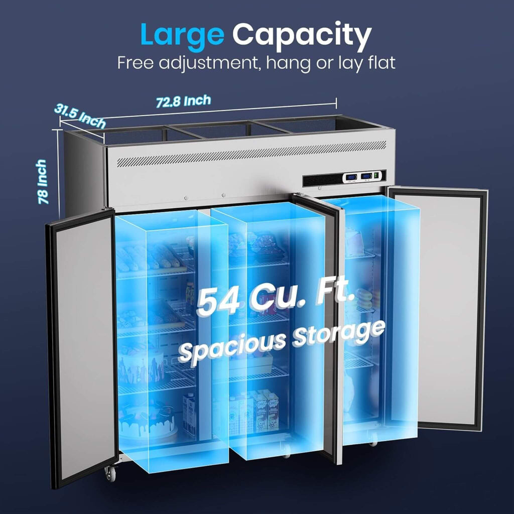 Extra-Large 72-Inch 54 Cu.Ft Commercial 3-Door Upright Reach-In Freezer Refrigerator Combo With Wheels (SAK68325)