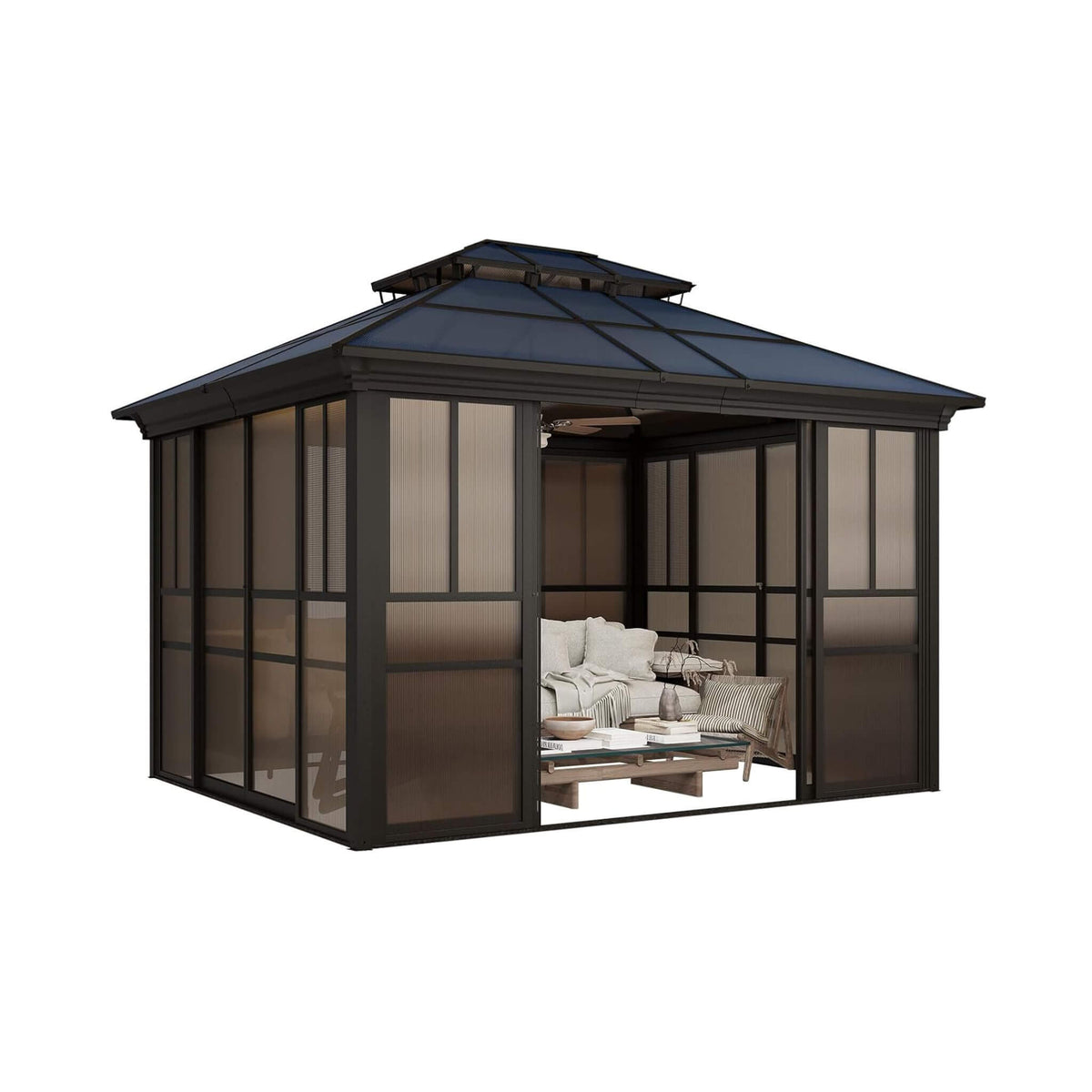 Alora Edge Heavy-Duty Aluminum Frame Outdoor Backyard Solarium With Polycarbornate Roof And Adjustable Panels (SAK68513)