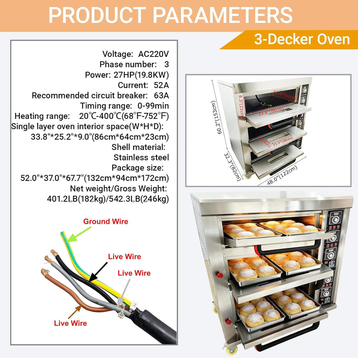 Heavy-Duty Commercial Triple Deck 220V 19.8KW Electric Pizza Oven (SAK56751)