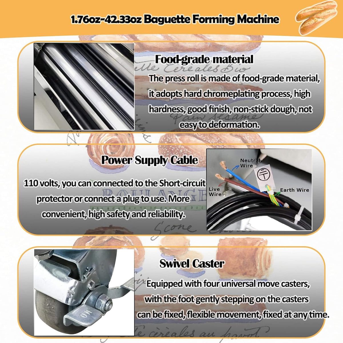 Heavy-Duty Commercial 110V Electric Baguette Bread Shaper Machine (SAK68176)