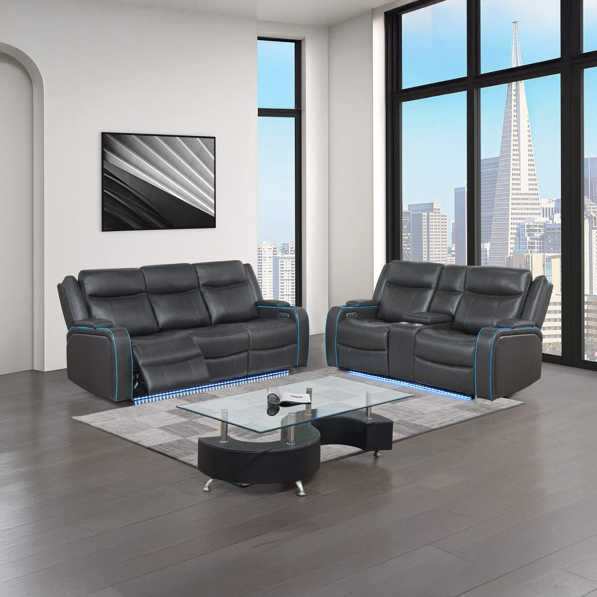 Nuvia Luxury 84-Inch Home Theater Power Reclining Sofa With LED Lights And Power Headrest (SAK83195)