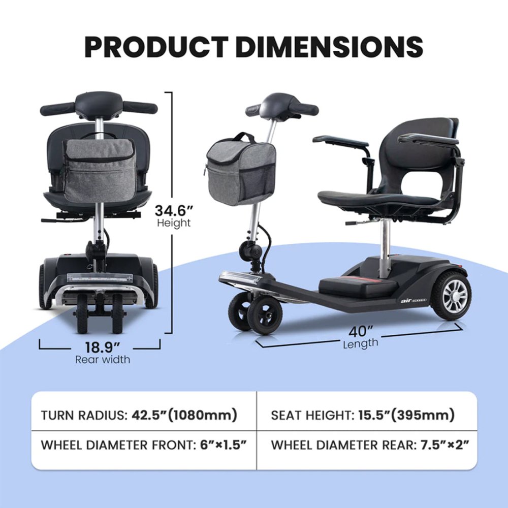 Metro Mobility Air Classic Electric 24V/12AH 250W Airline Approved Portable Folding Mobility Scooter, 265LBS (SAK96425)