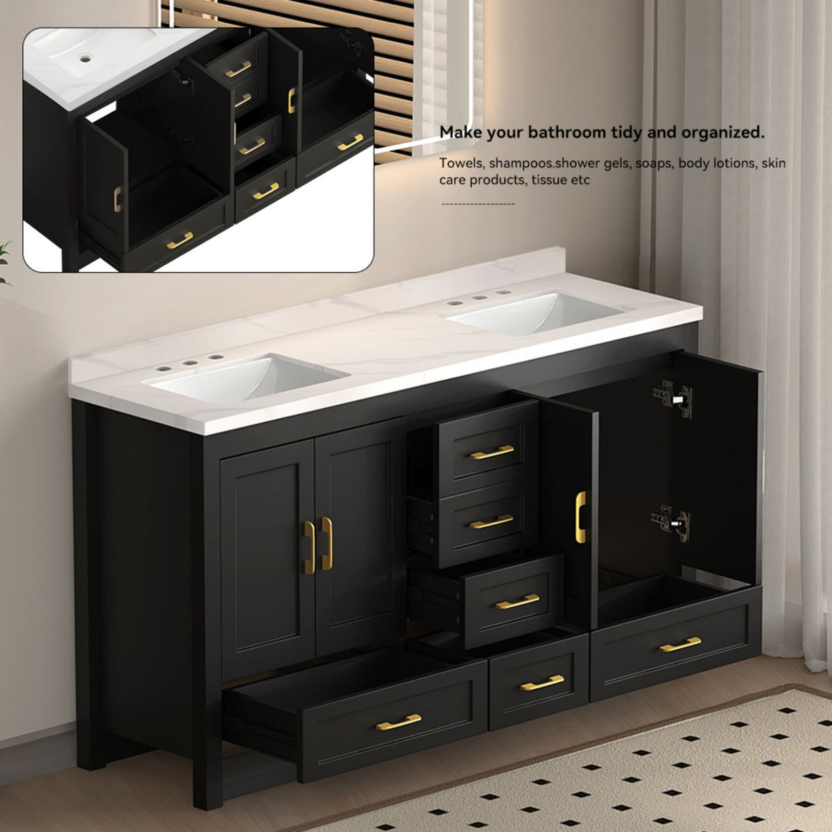 Nuvia 60-Inch Black Bathroom Vanity With Soft Close Doors And Drawers Storage (SAK86210)