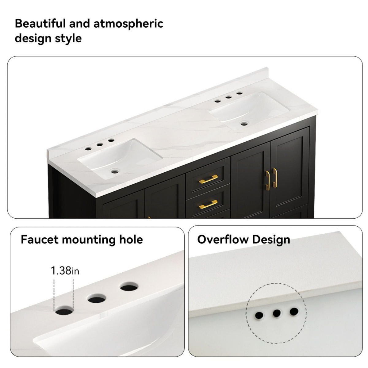 Nuvia 60-Inch Black Bathroom Vanity With Soft Close Doors And Drawers Storage (SAK86210)