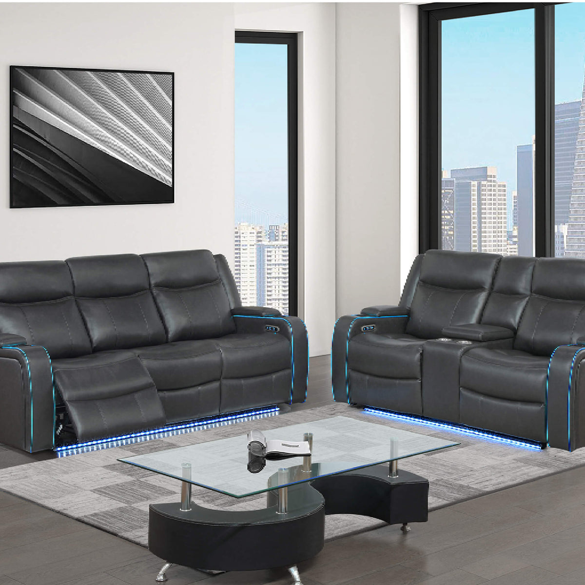 Nuvia Luxury Charcoal Upholstered Power Recliner Armchair With LED Lights (SAK16429)