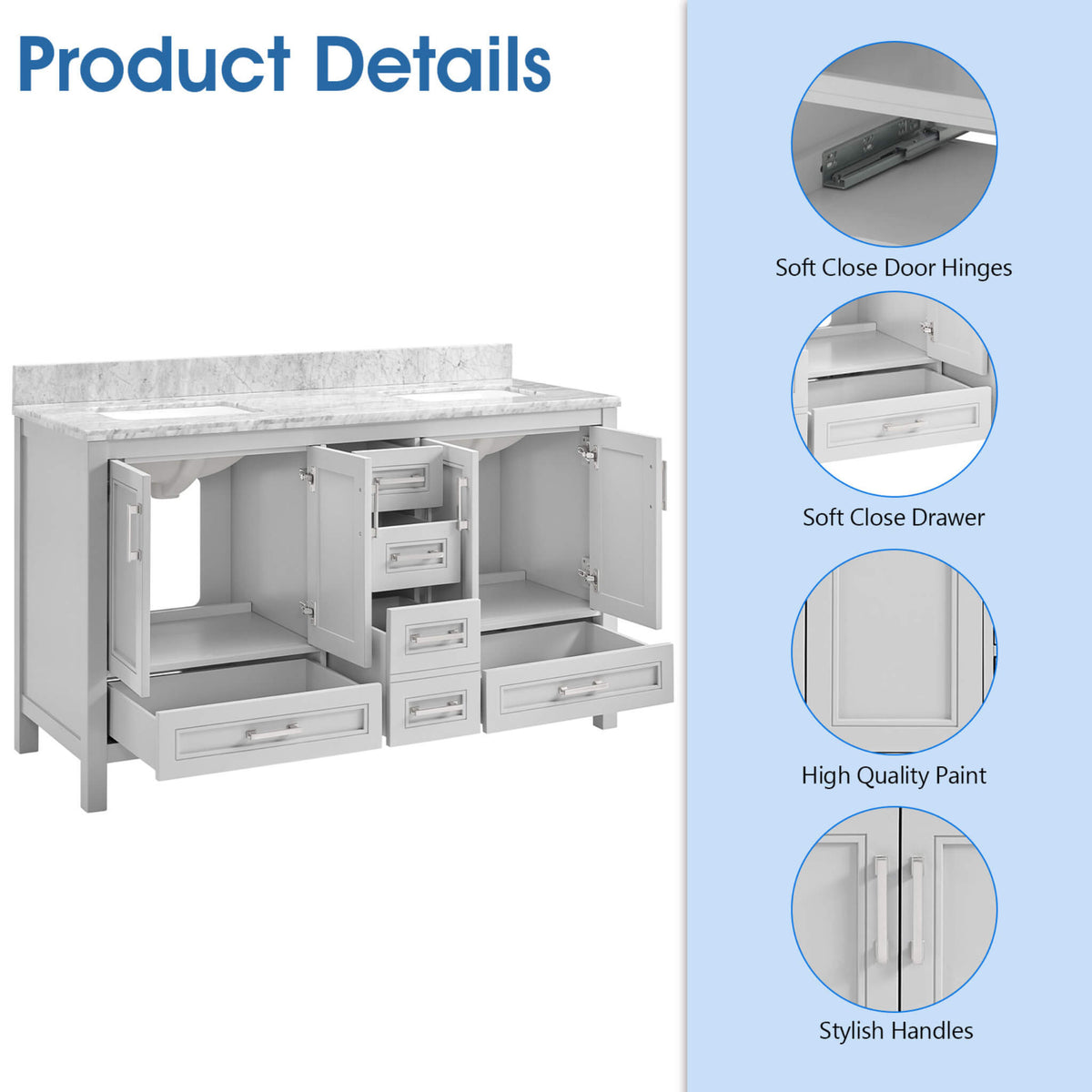 Nuvia Premium 60-Inch Freestanding Double Sink Bathroom Vanity With Carrara Marble Top (SAK51829)