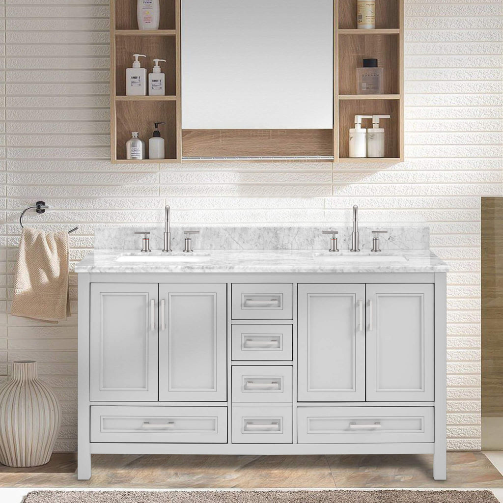 Nuvia Premium 60-Inch Freestanding Double Sink Bathroom Vanity With Carrara Marble Top (SAK51829)