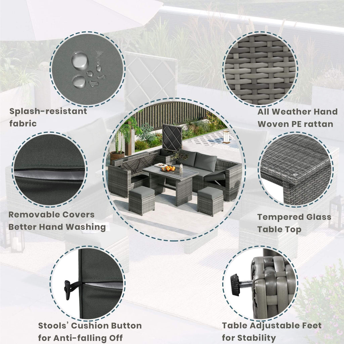 Alora Outdoor 6-Piece All-Weather PE Rattan Sofa Set With Adjustable Seat, Storage Box, Removable Covers, And Tempered Glass Table Top (SAK37221)
