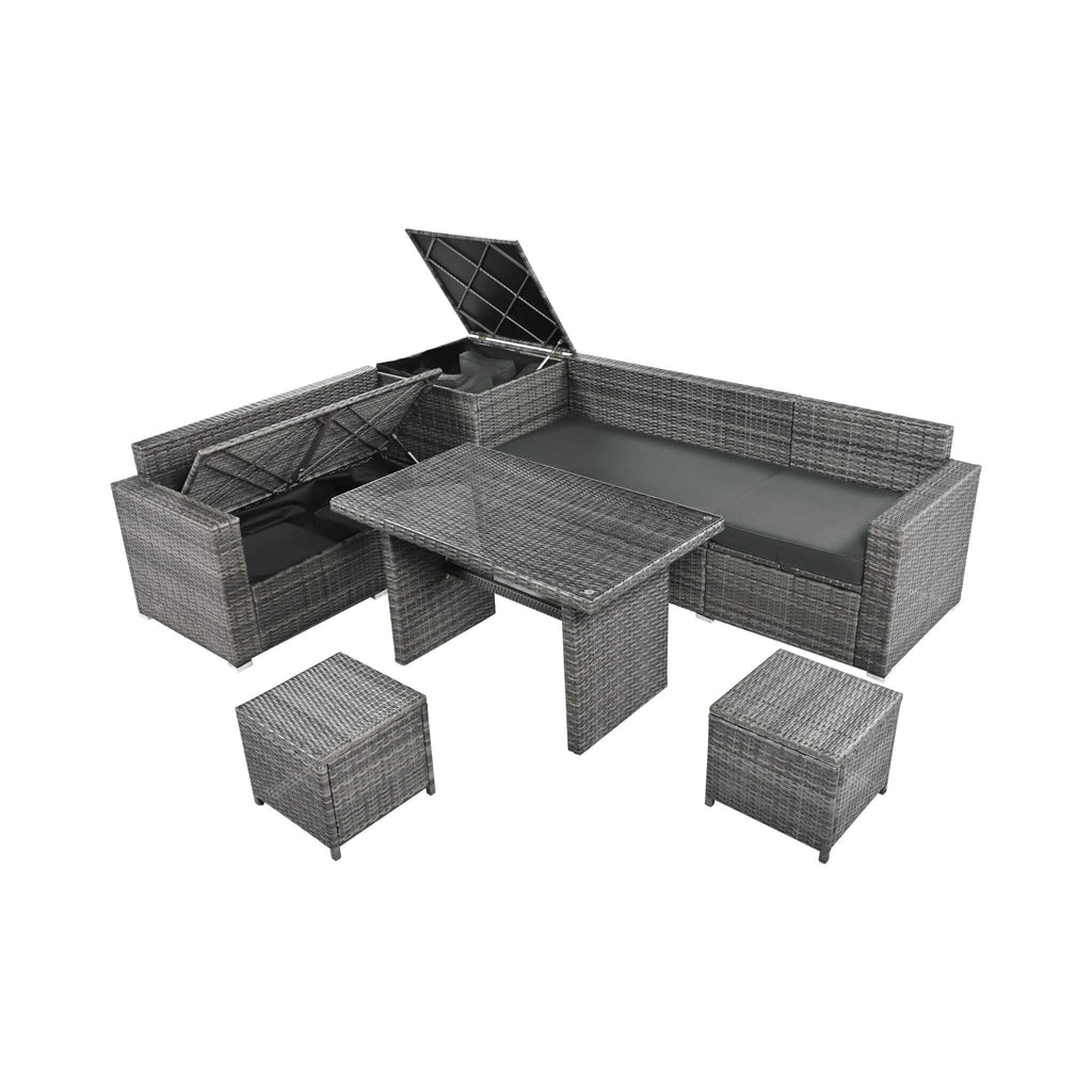 Alora Outdoor 6-Piece All-Weather PE Rattan Sofa Set With Adjustable Seat, Storage Box, Removable Covers, And Tempered Glass Table Top (SAK37221)