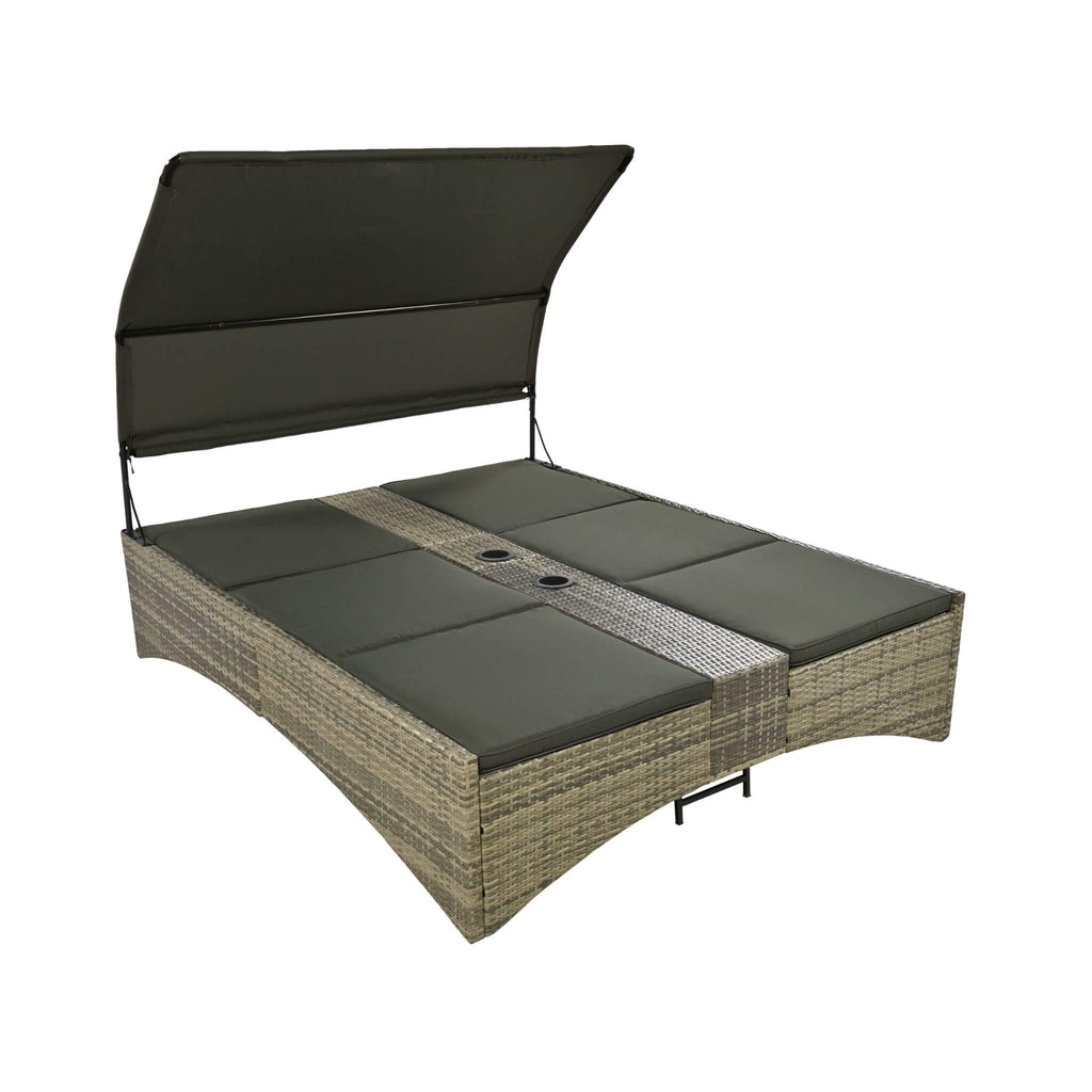 Alora Outdoor Rattan Patio Daybed With Adjustable Backrest, Canopy Roof, Storage Box And Cup Holders (SAK54220)