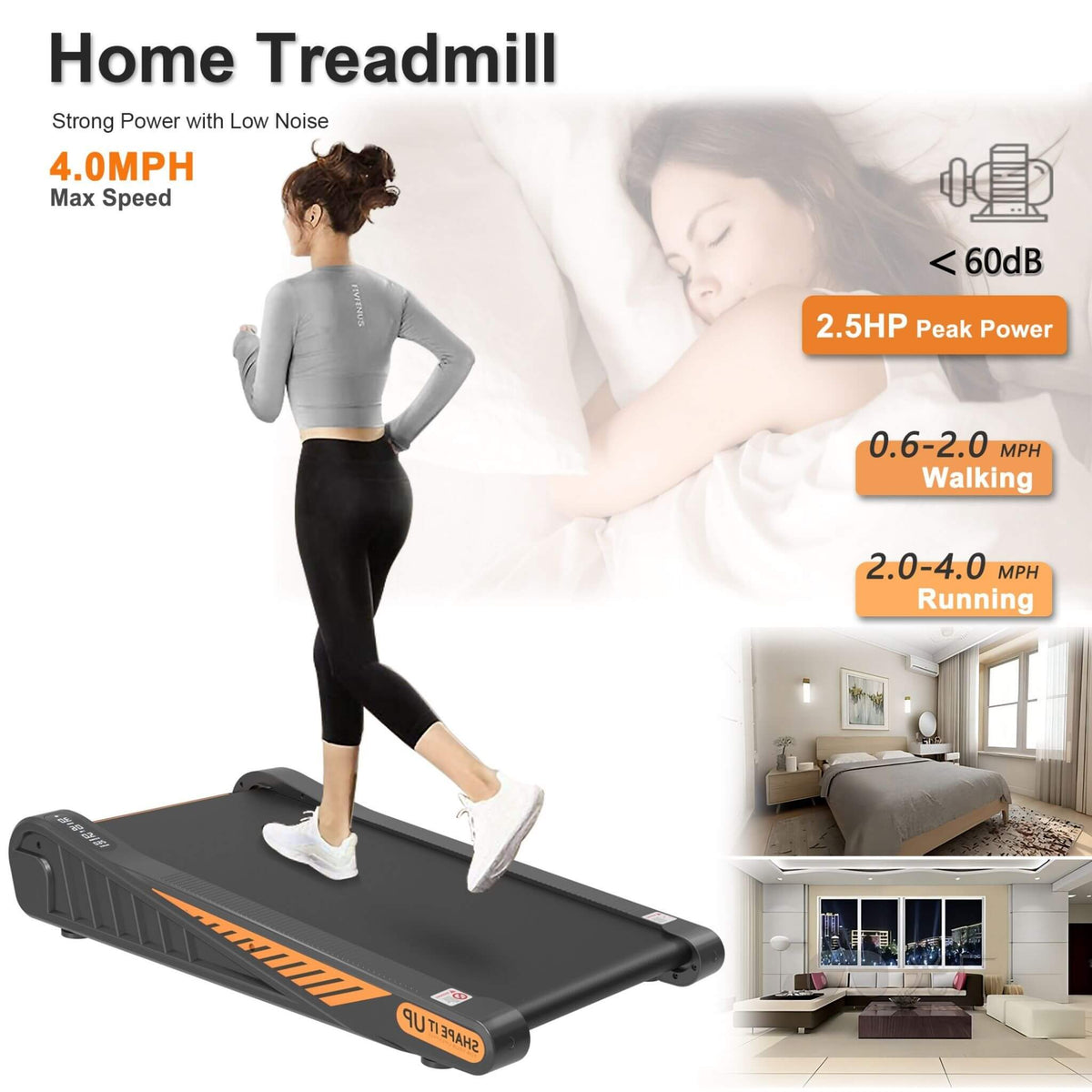 Rovix Portable Compact 2HP Under Desk Treadmill With Safety Key And Wheels for Home And Office Workouts (SAK72810)