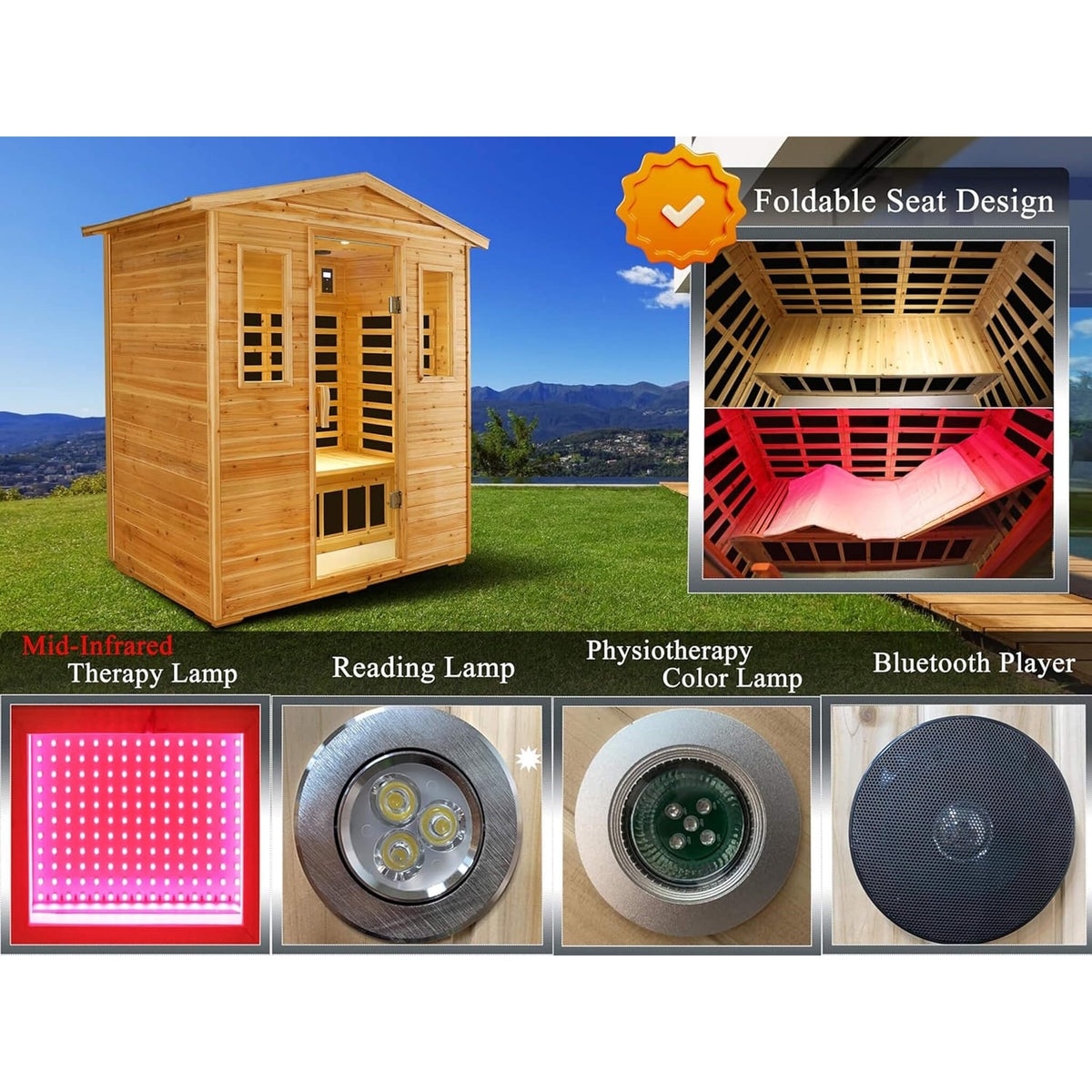 Thermora Kora Deluxe 3-Person Outdoor Full Spectrum Low EMF Infrared Home Sauna With Bluetooth Speakers And LED Reading Light (SAK14098)