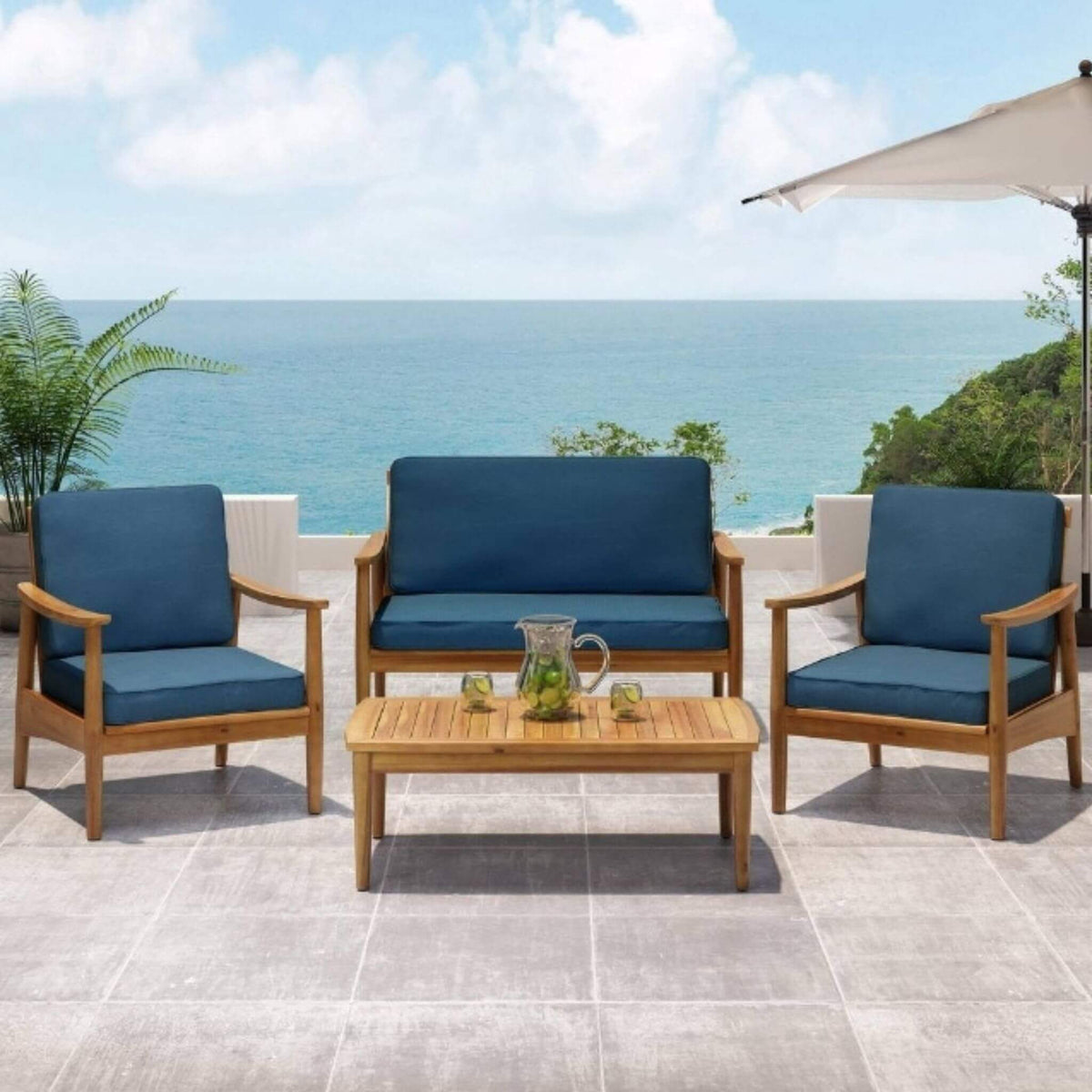 Alora Premium 4-Piece Wooden Outdoor Patio Conversation Seating Set With Cushions (SAK31469)